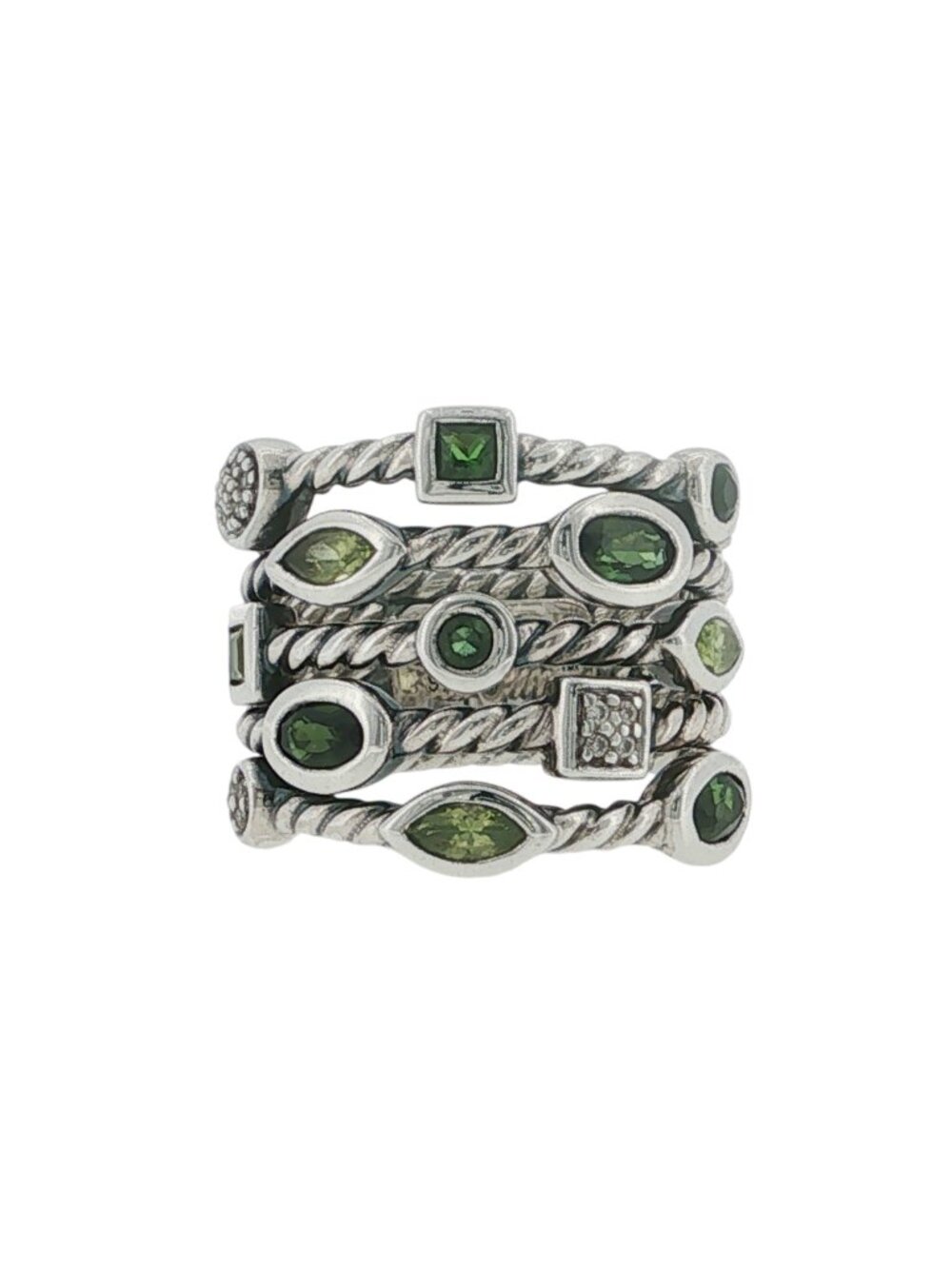 DAVID YURMAN 925 Silver Confetti Peridot & Green Tourmaline Diamond Cable Ring